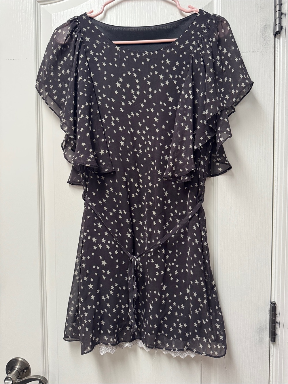 Star Print Black Short Dress with Flutter Sleeves